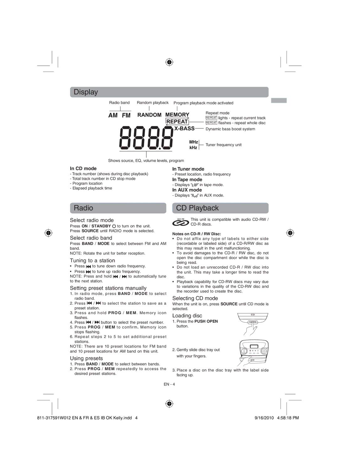 RCA RCD175 user manual Display, Radio 