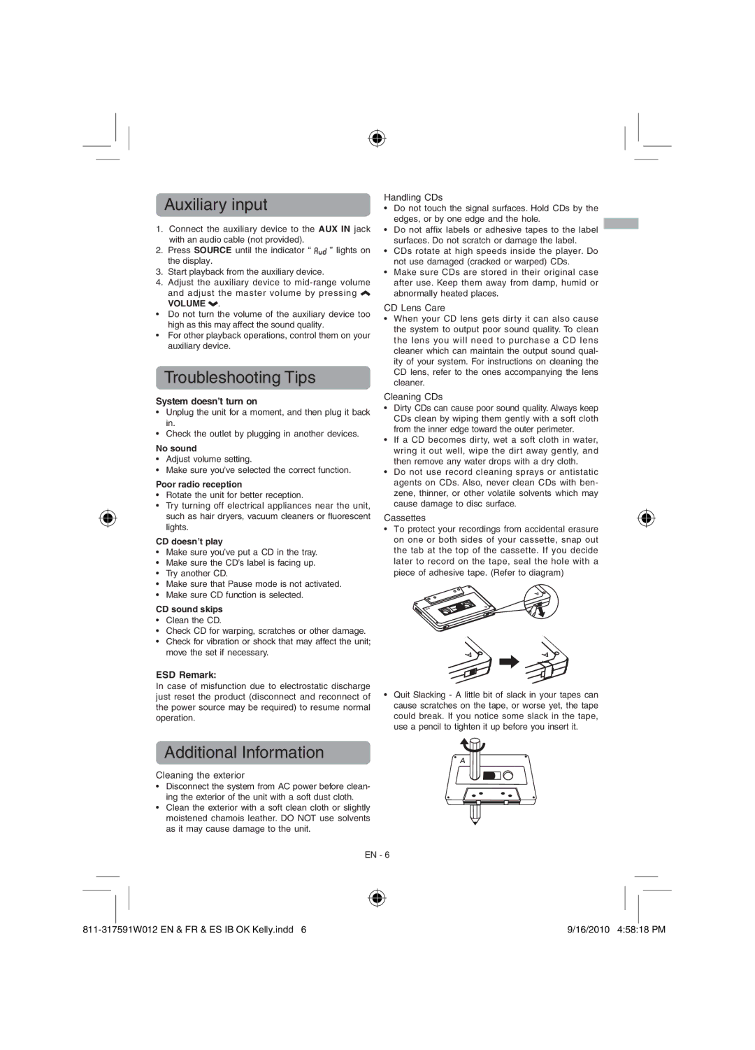 RCA RCD175 user manual Auxiliary input, Troubleshooting Tips, Additional Information, Volume 