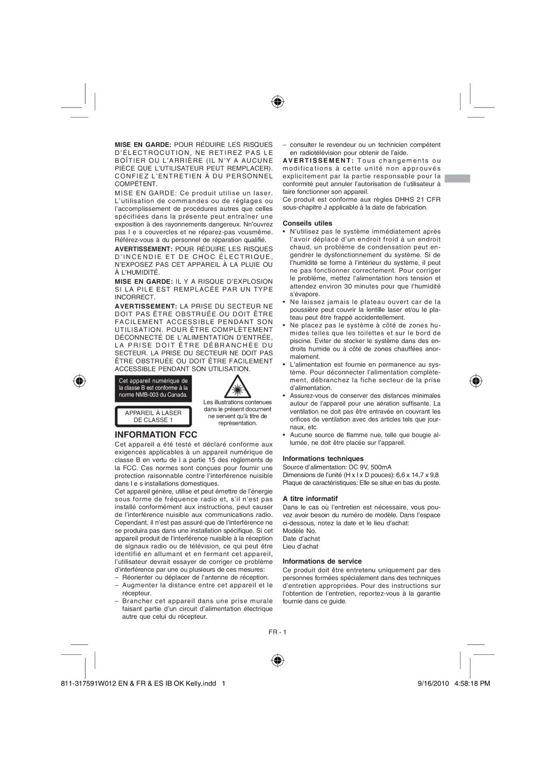 RCA RCD175 user manual Conseils utiles, Informations techniques, Titre informatif, Informations de service 