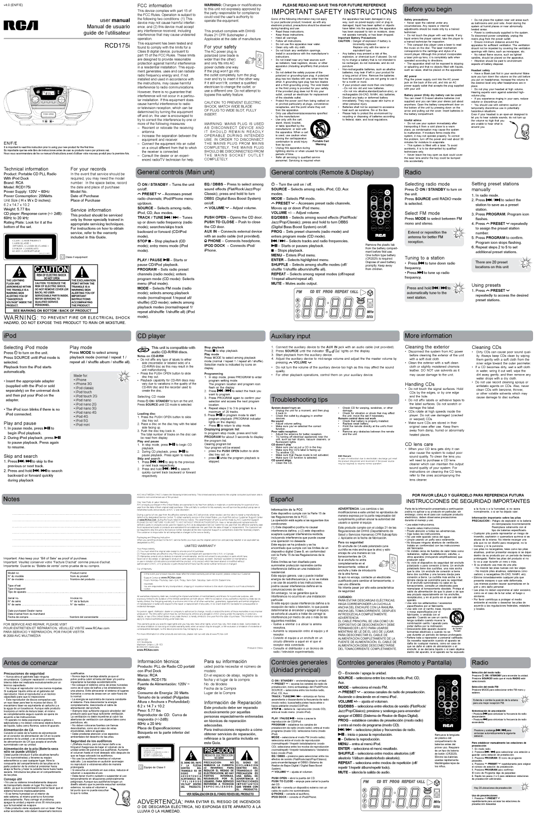 RCA user manual Before you begin RCD175i, IPod, CD player, Auxiliary input, Troubleshooting tips, More information 