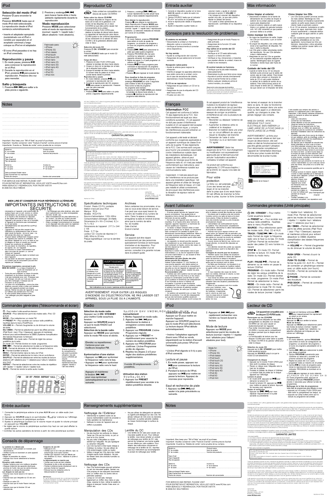 RCA RCD175i IPod Reproductor CD Entrada auxiliar Más información, Consejos para la resolución de problemas, Français 