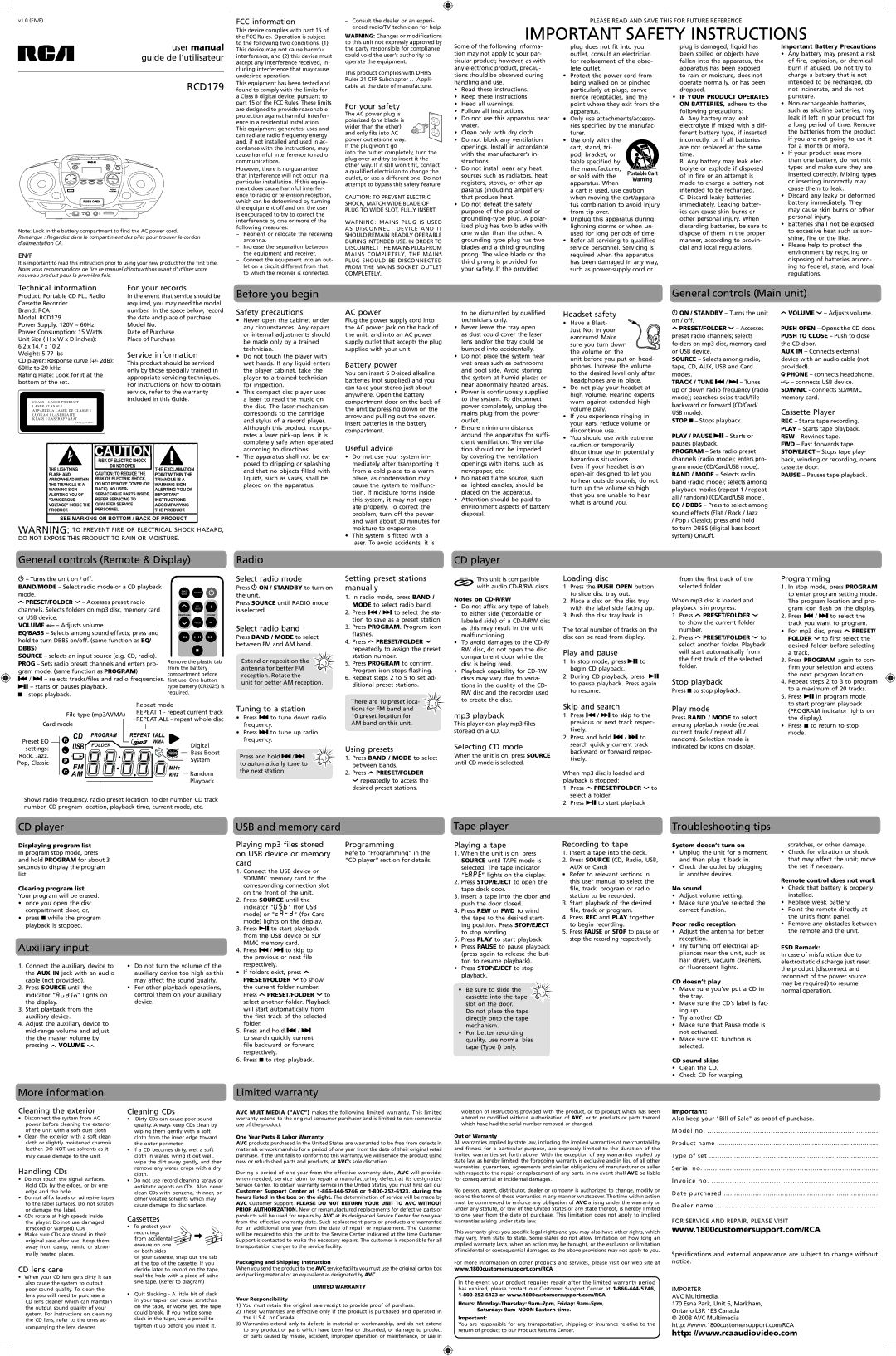 RCA RCD179 user manual Before you begin General controls Main unit, General controls Remote & Display Radio CD player 