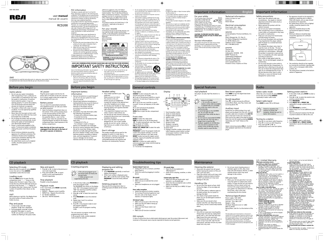 RCA RCD200 user manual FCC information, For your safety Technical information Safety precautions, Electrical consumption 