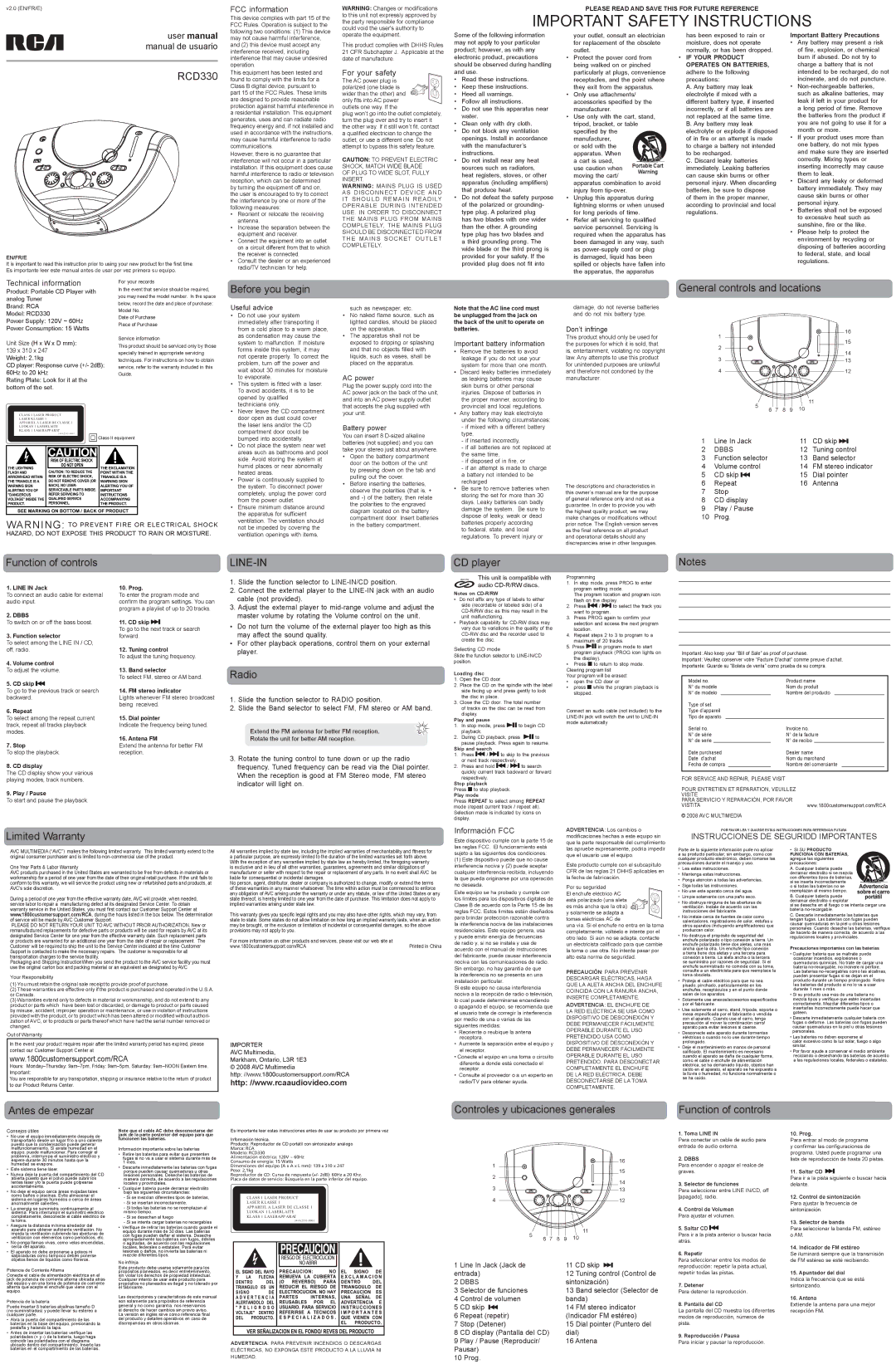 RCA RCD330 user manual Before you begin, General controls and locations, Function of controls, Radio, CD player 