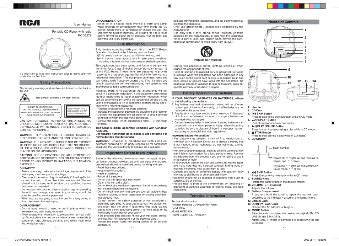 RCA RCD3379 user manual Safety Precautions, FCC Information, Battery Operation Instructions, Technical Information 