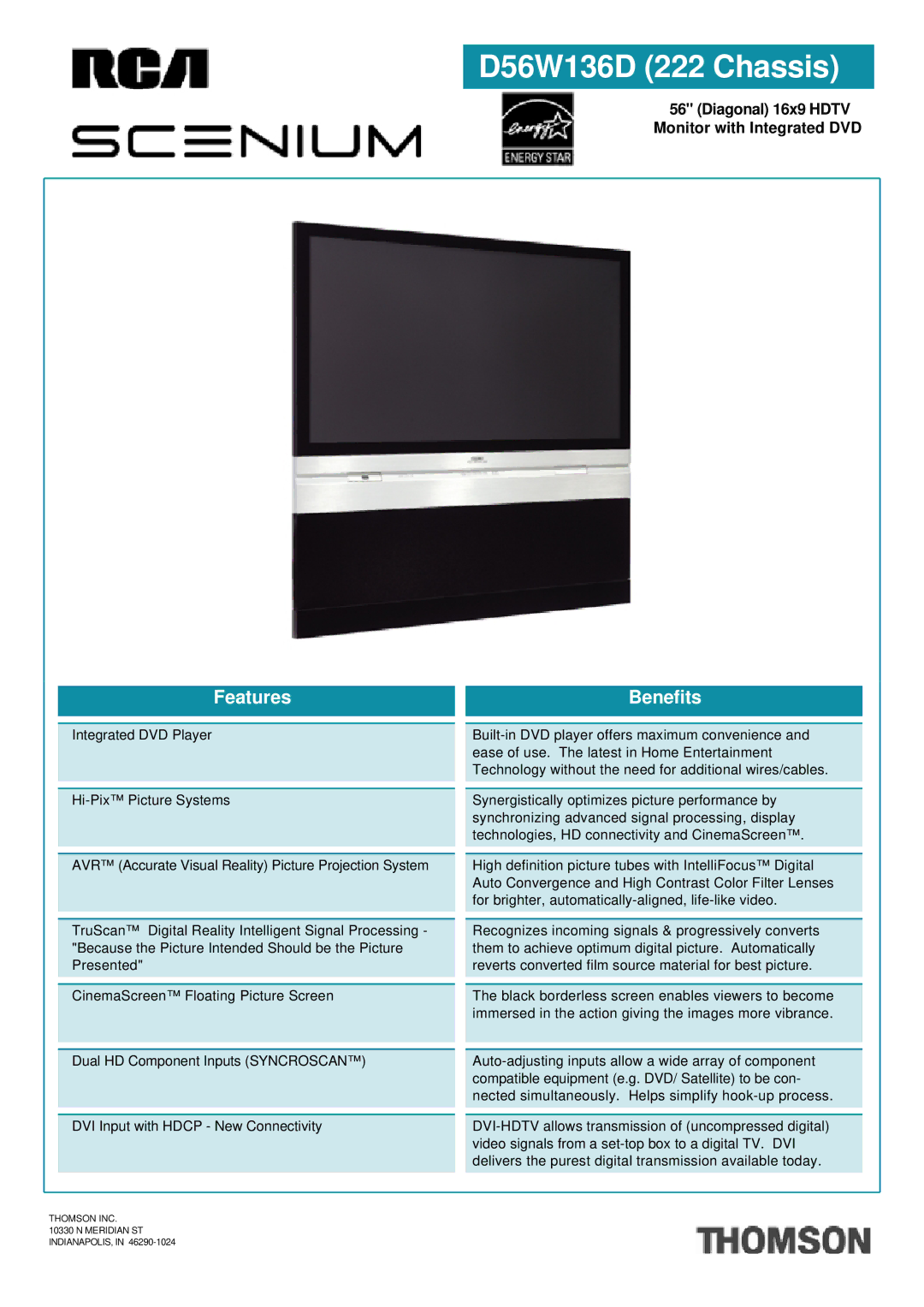 RCA RCN615TEEM1 manual Features, Benefits, Thomson INC Meridian ST INDIANAPOLIS 