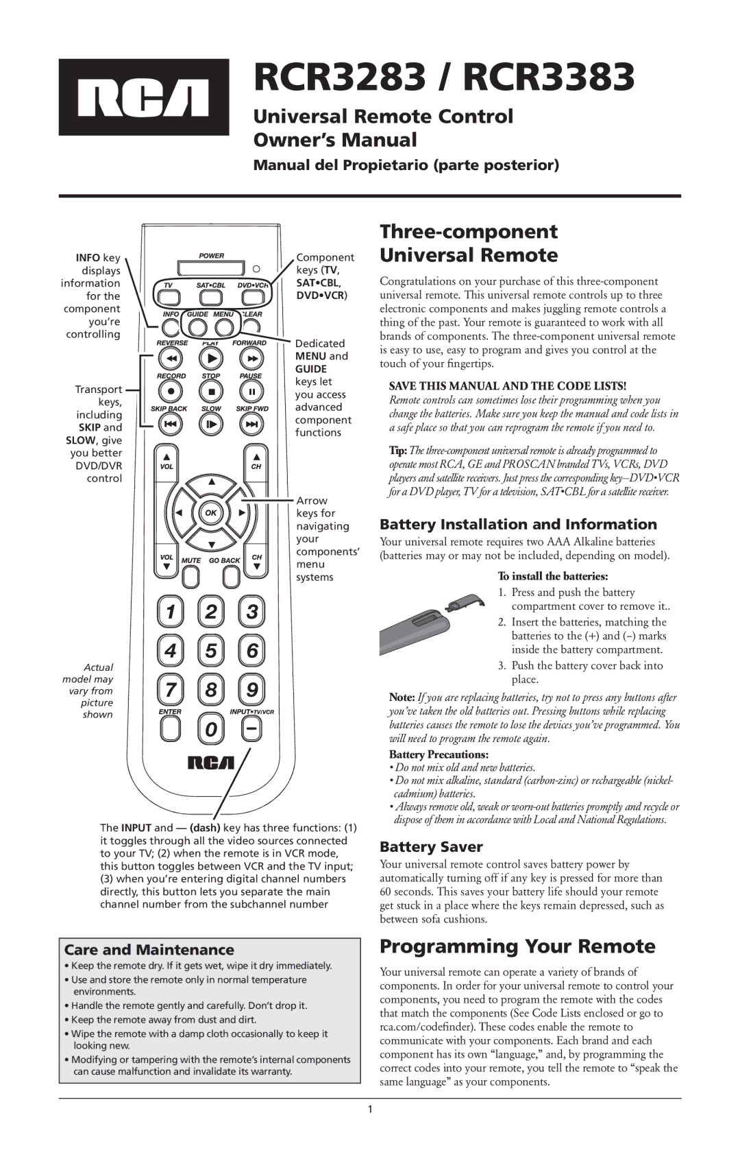 RCA RCR3383, RCR-3283 owner manual Universal Remote Control, Three-component Universal Remote, Programming Your Remote 