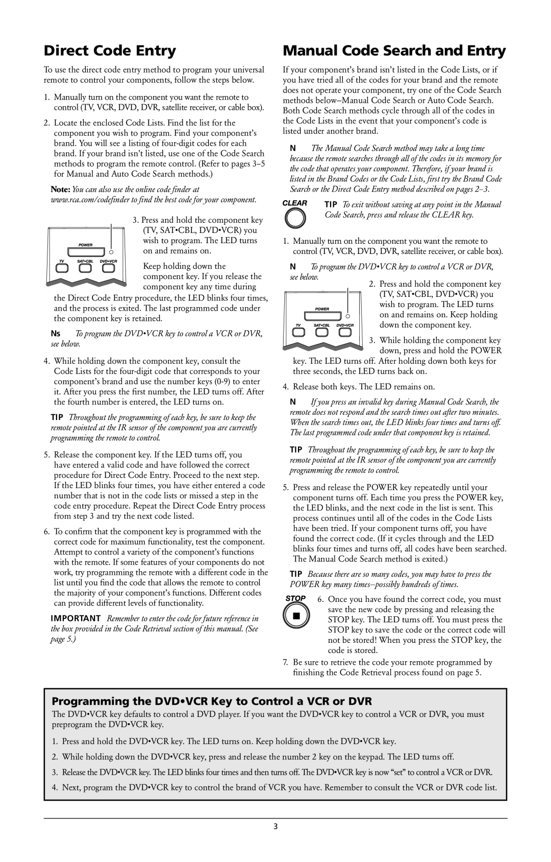 RCA RCR3383, RCR-3283 Direct Code Entry, Manual Code Search and Entry, Programming the Dvdvcr Key to Control a VCR or DVR 