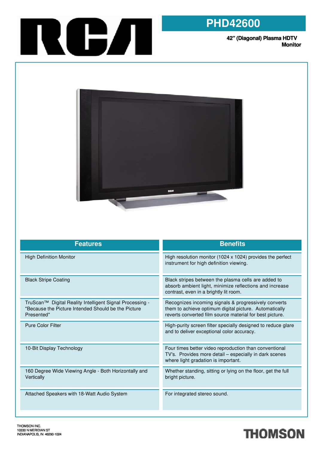 RCA RCR160TKLM1 manual PHD42600, Diagonal Plasma HDTV Monitor, Features, Benefits 