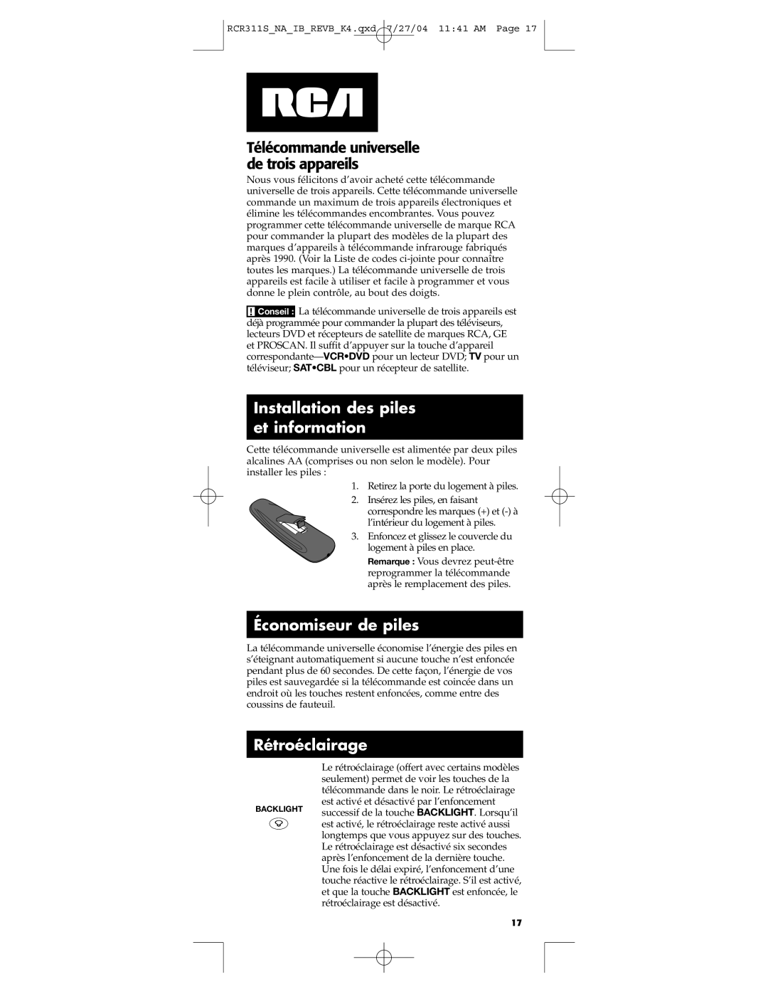 RCA RCR311S manual Installation des piles et information, Économiseur de piles, Rétroéclairage 