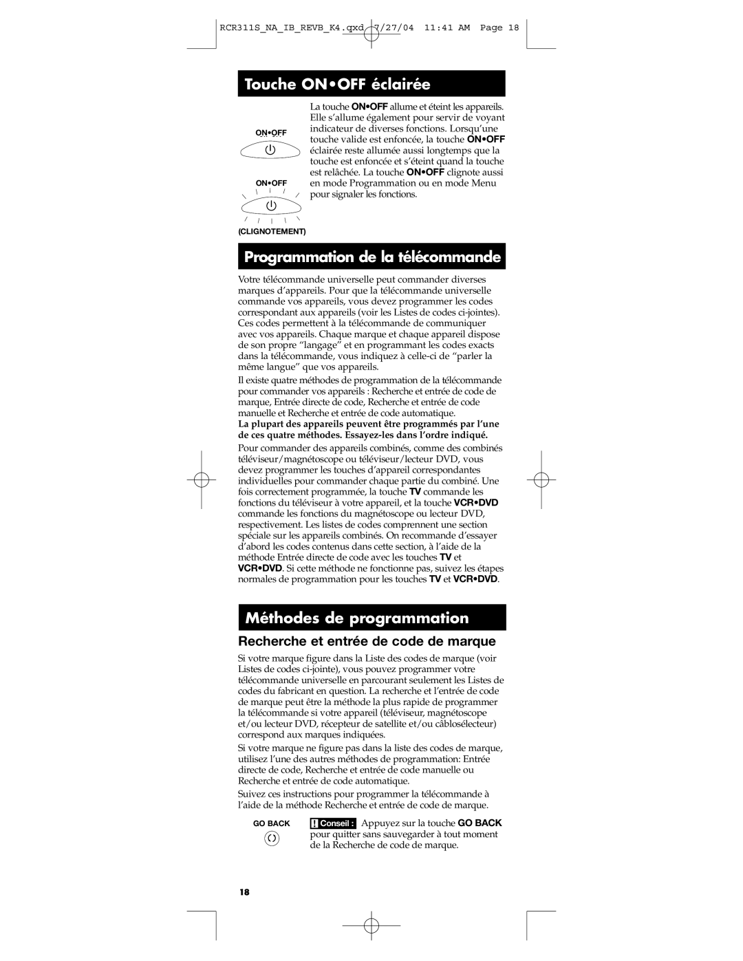 RCA RCR311S manual Touche Onoff éclairée, Programmation de la télécommande, Méthodes de programmation 