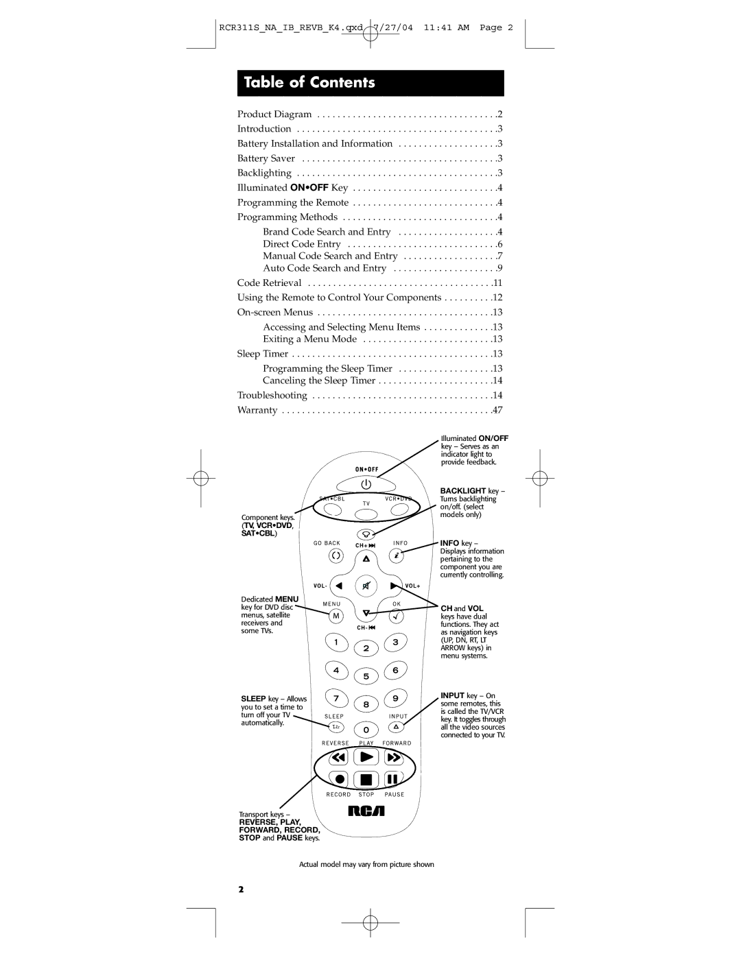 RCA RCR311S manual Table of Contents 