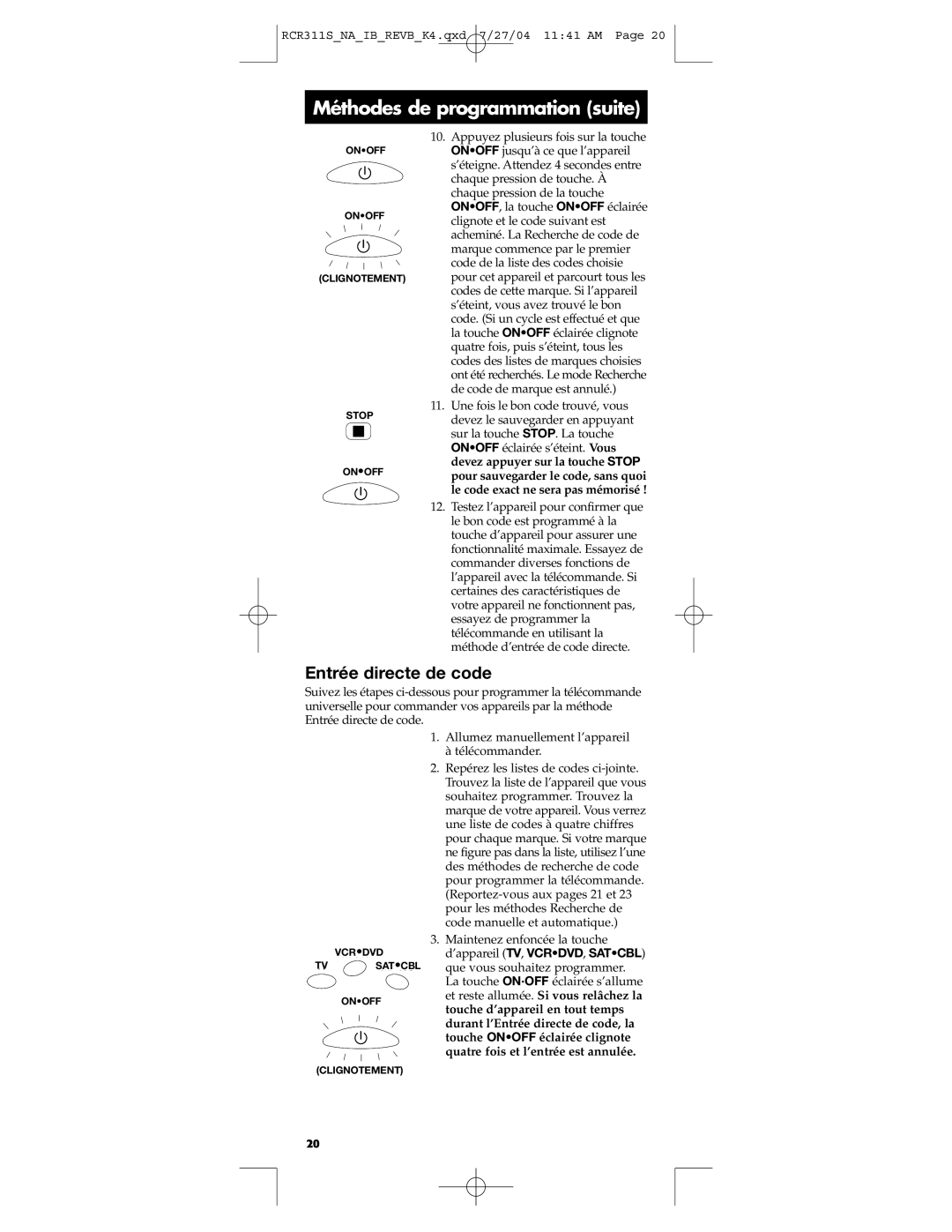 RCA RCR311S manual Méthodes de programmation suite, Entrée directe de code 