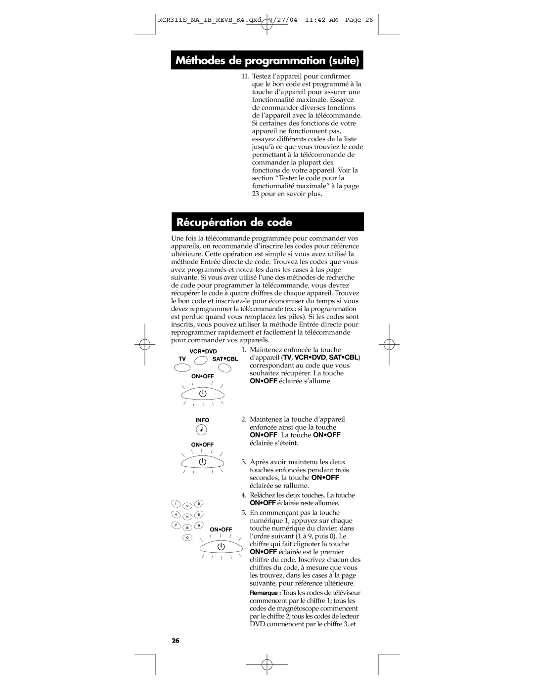 RCA RCR311S manual Récupération de code, ONOFF. La touche Onoff 