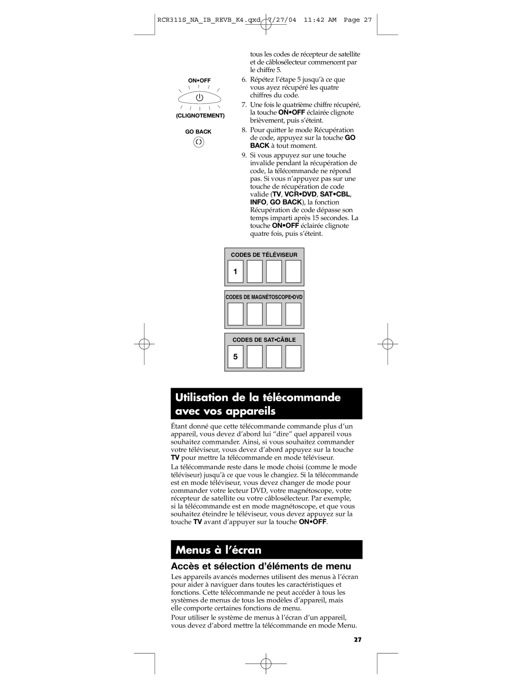 RCA RCR311S Utilisation de la télécommande avec vos appareils, Menus à l’écran, Accès et sélection d’éléments de menu 