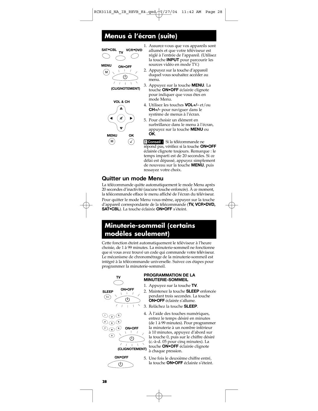 RCA RCR311S manual Menus à l’écran suite, Minuterie-sommeil certains modèles seulement, Quitter un mode Menu 