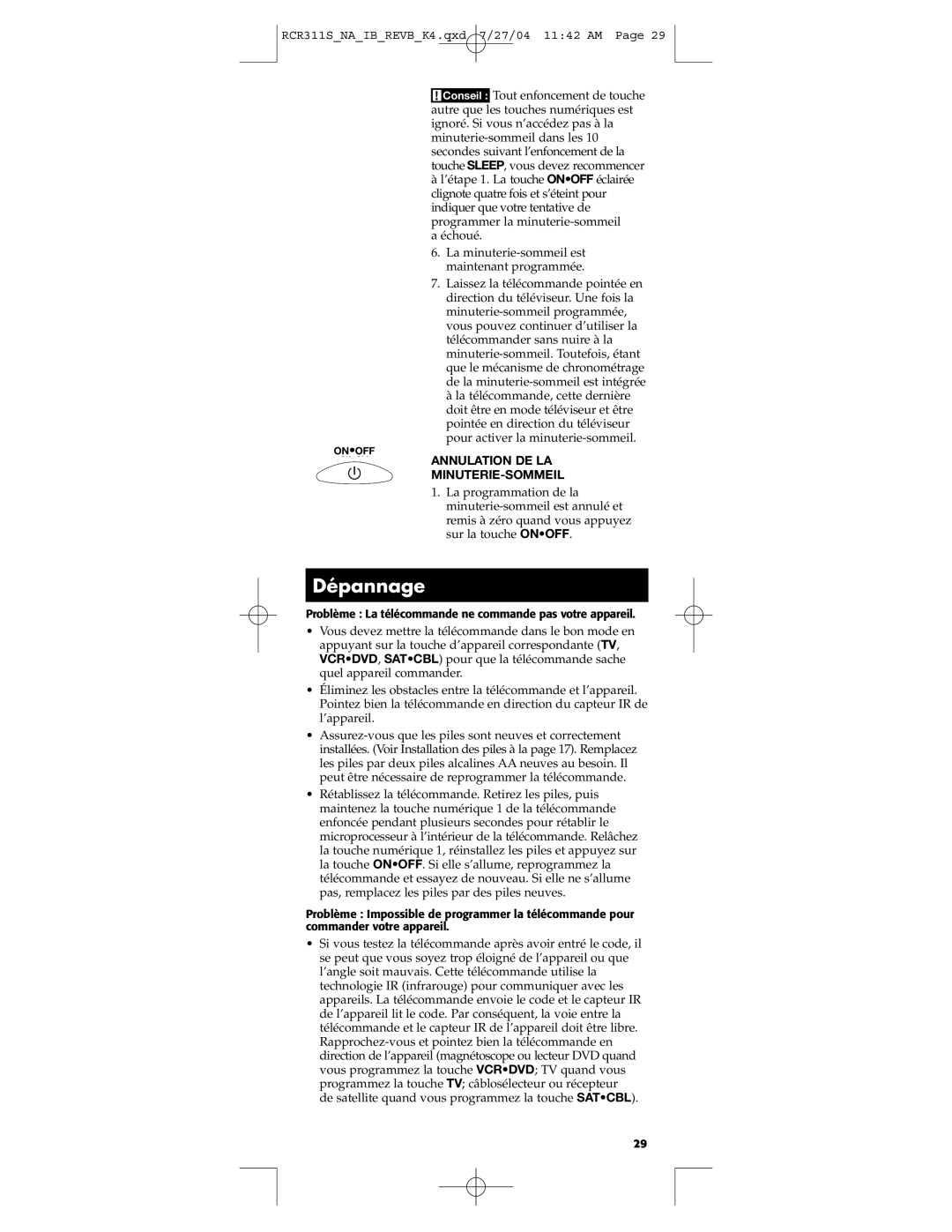 RCA RCR311S manual Dépannage, Annulation DE LA MINUTERIE-SOMMEIL 