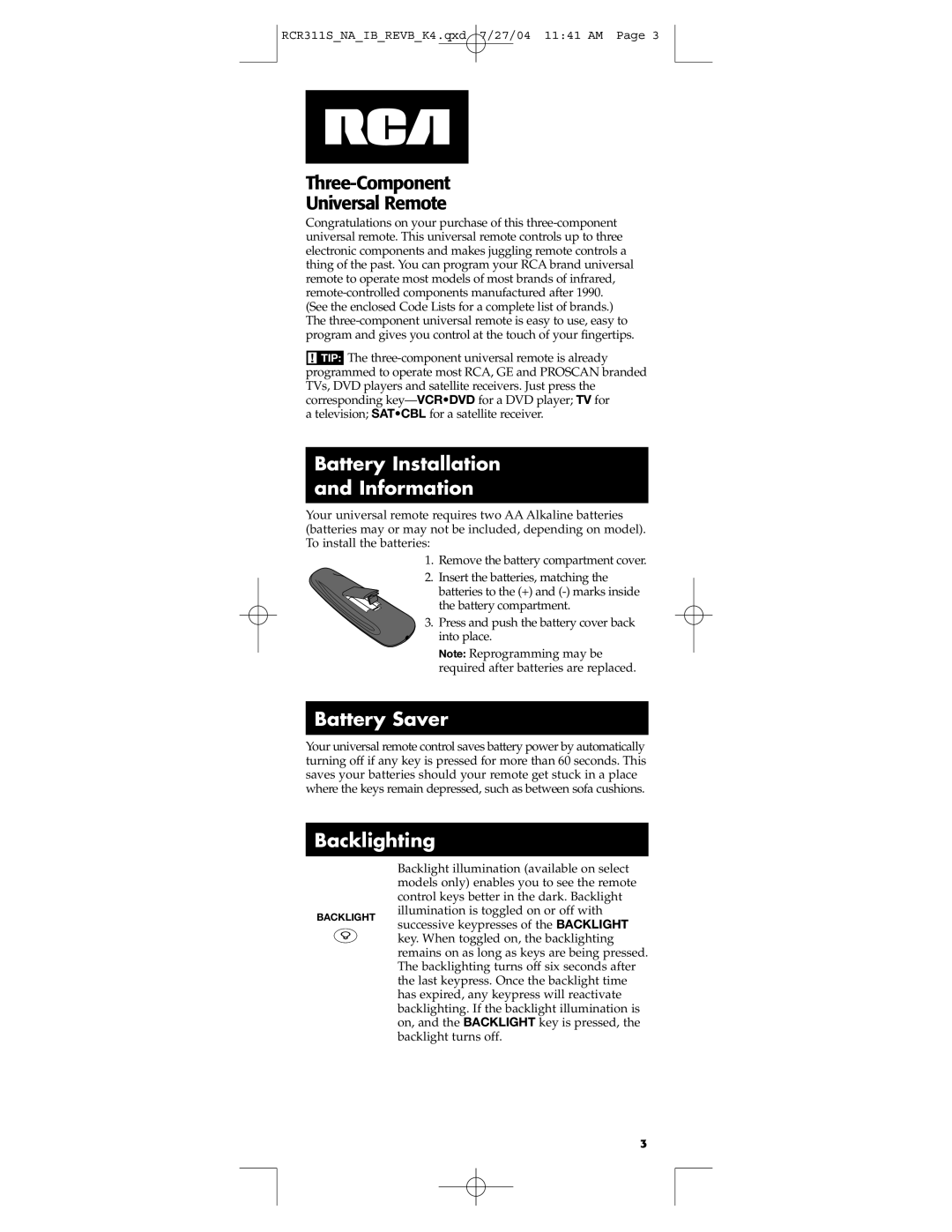 RCA RCR311S manual Battery Installation Information, Battery Saver, Backlighting 