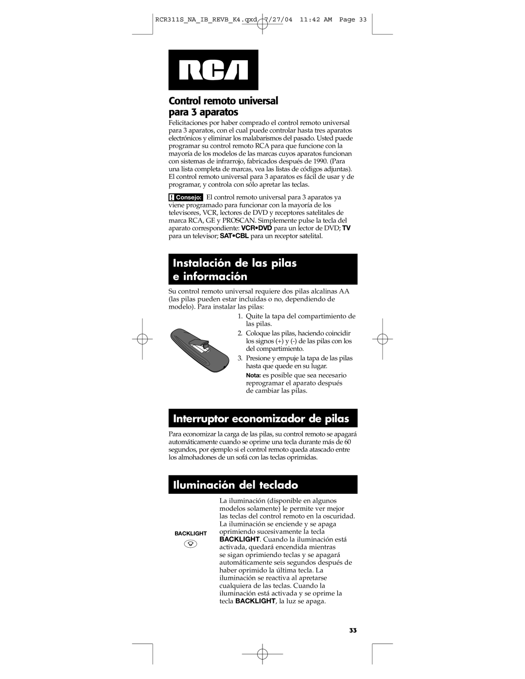 RCA RCR311S manual Instalación de las pilas e información, Interruptor economizador de pilas, Iluminación del teclado 