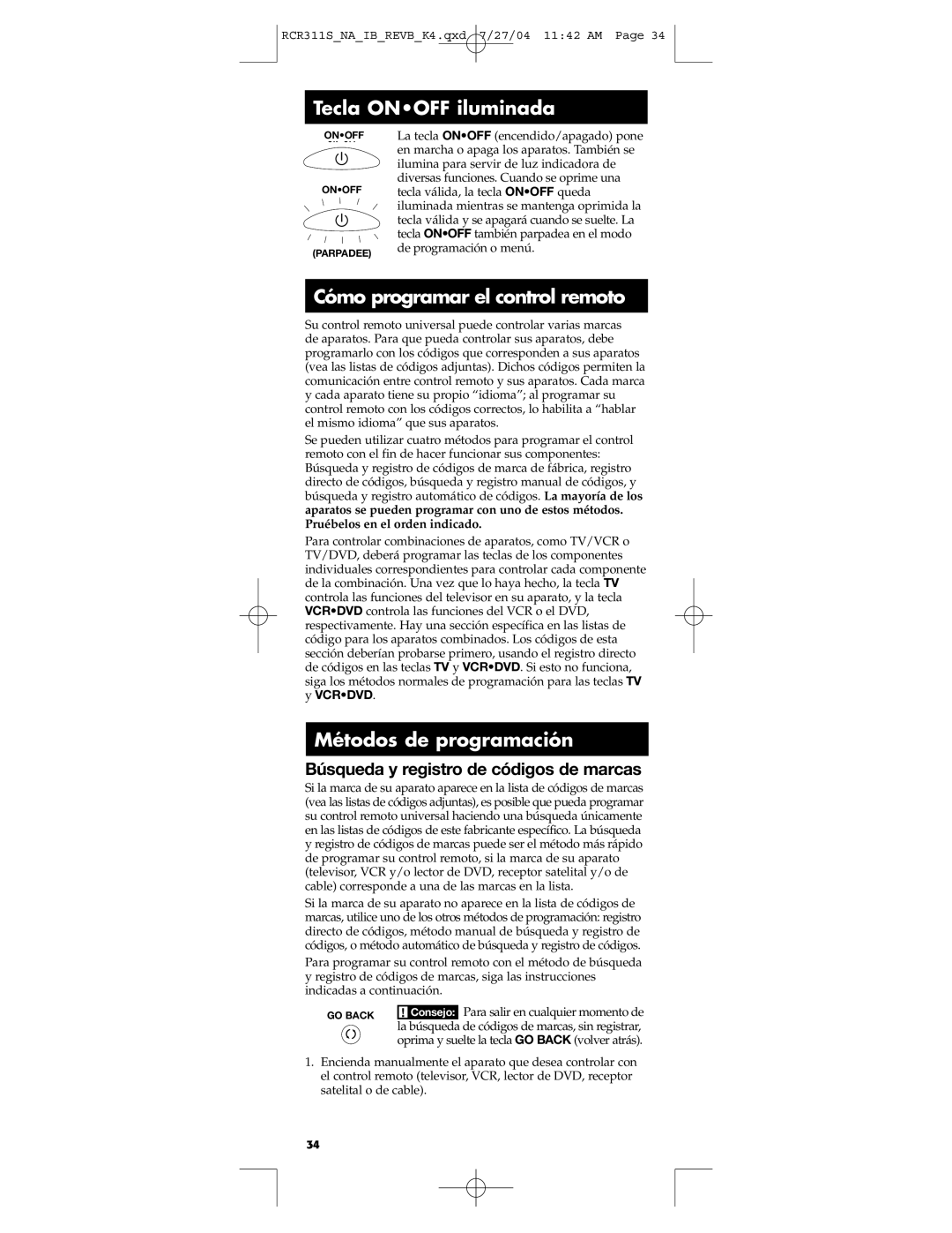 RCA RCR311S manual Tecla Onoff iluminada, Cómo programar el control remoto, Métodos de programación 