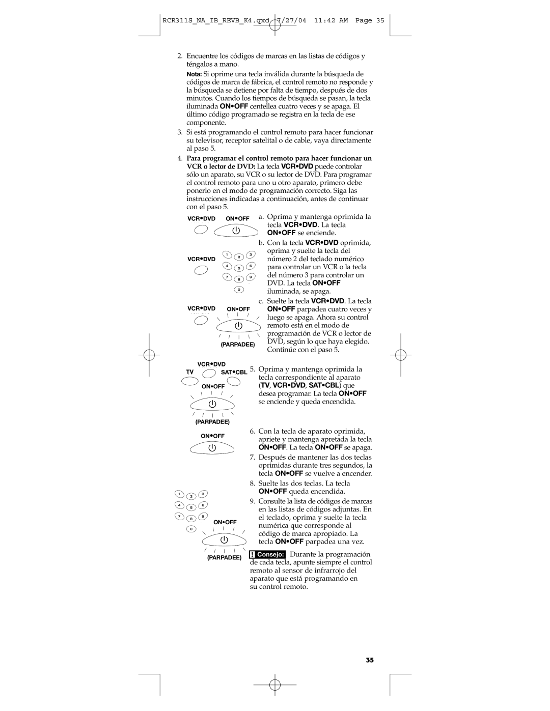 RCA RCR311S manual TV , Vcrdvd , Satcbl que 