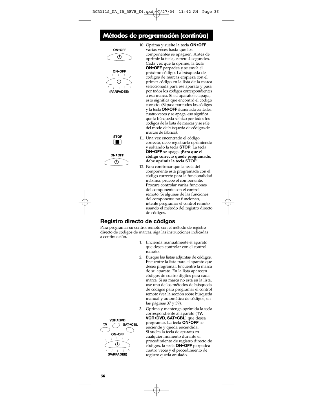 RCA RCR311S manual Métodos de programación continúa, Registro directo de códigos 