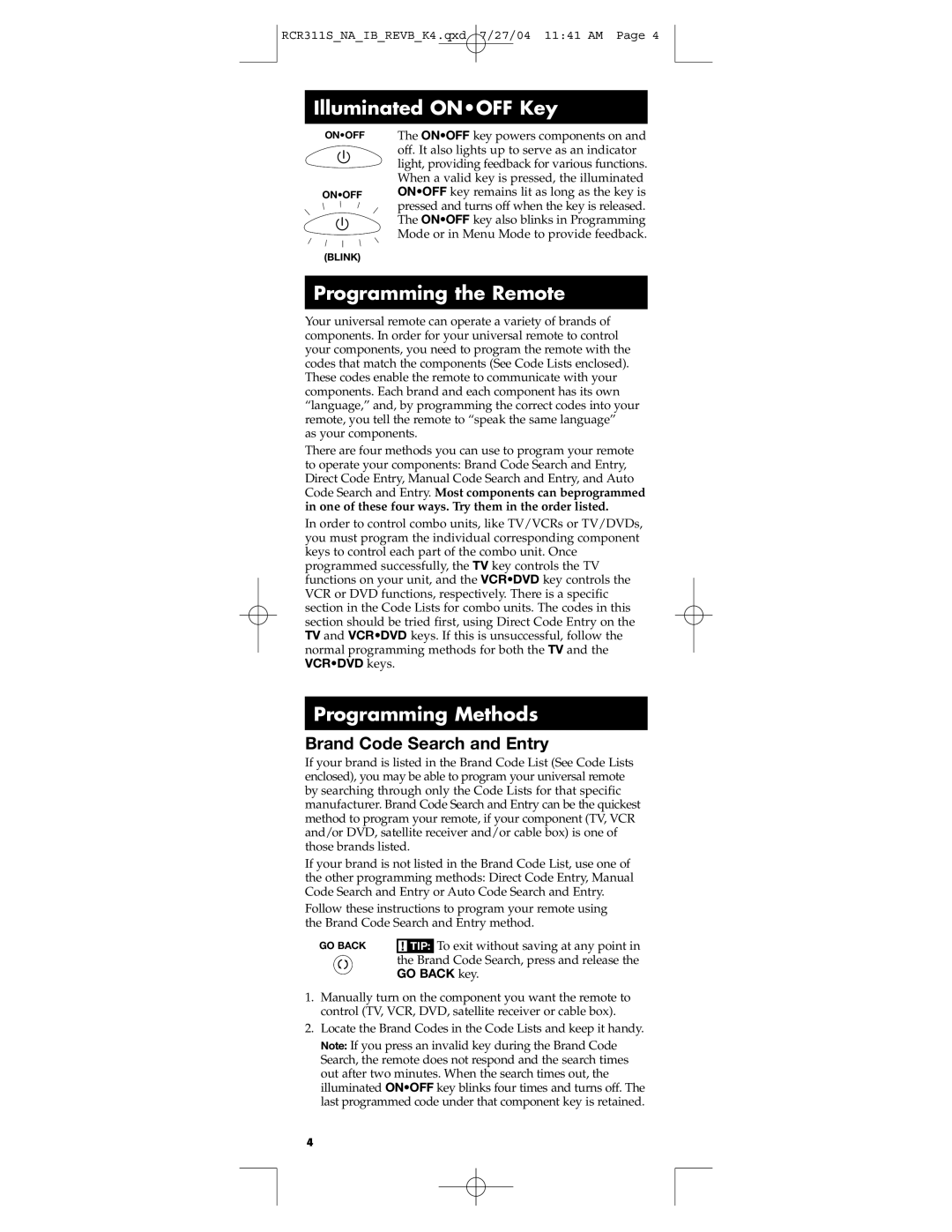 RCA RCR311S manual Illuminated Onoff Key, Programming the Remote, Programming Methods, Brand Code Search and Entry 