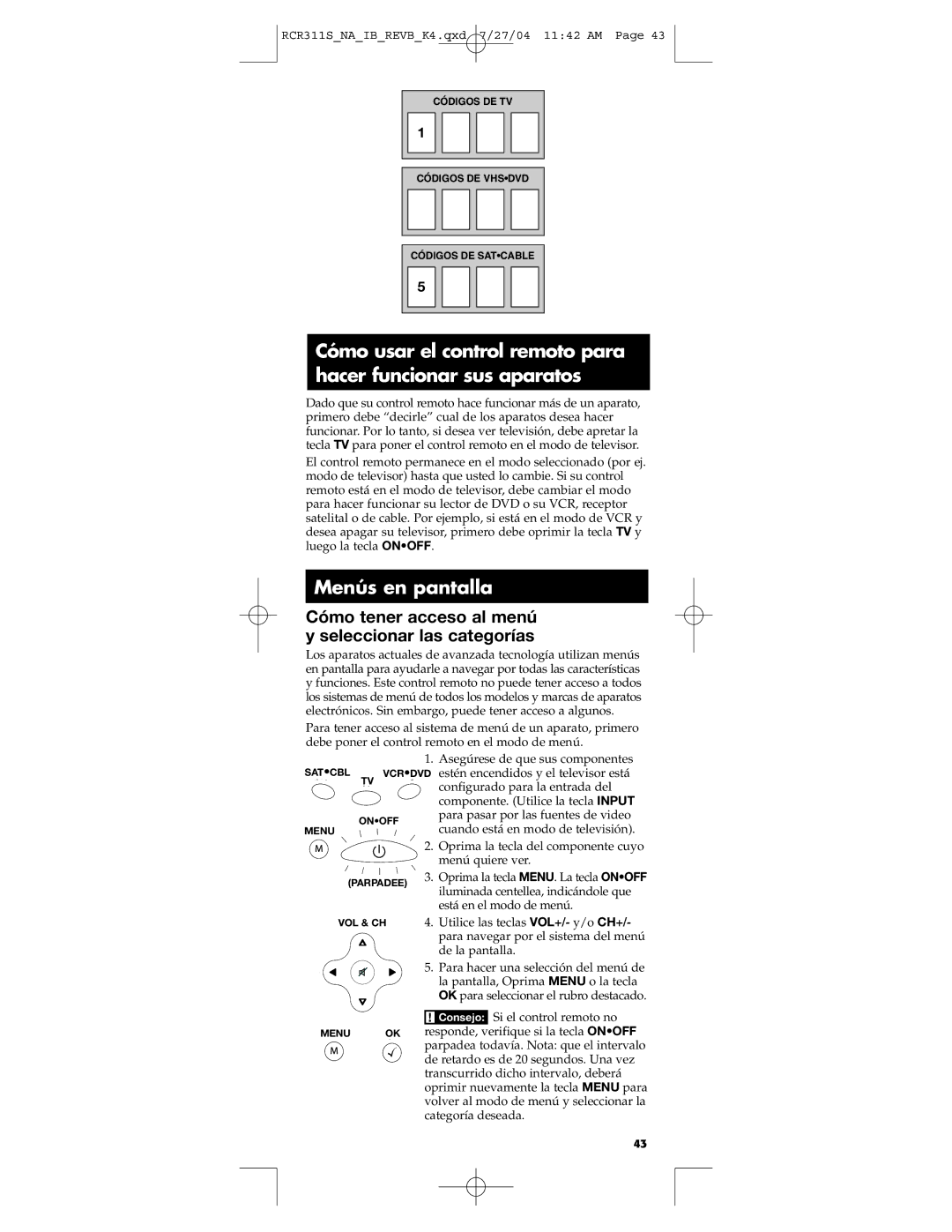 RCA RCR311S manual Menús en pantalla, Cómo tener acceso al menú y seleccionar las categorías 