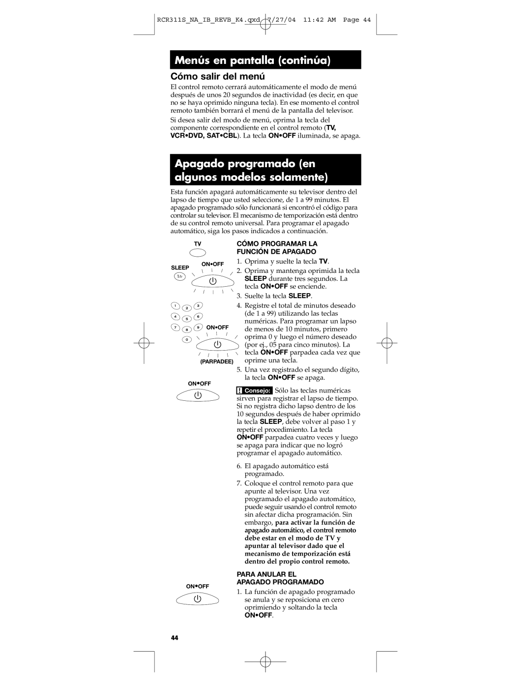 RCA RCR311S manual Menús en pantalla continúa, Apagado programado en algunos modelos solamente, Cómo salir del menú 