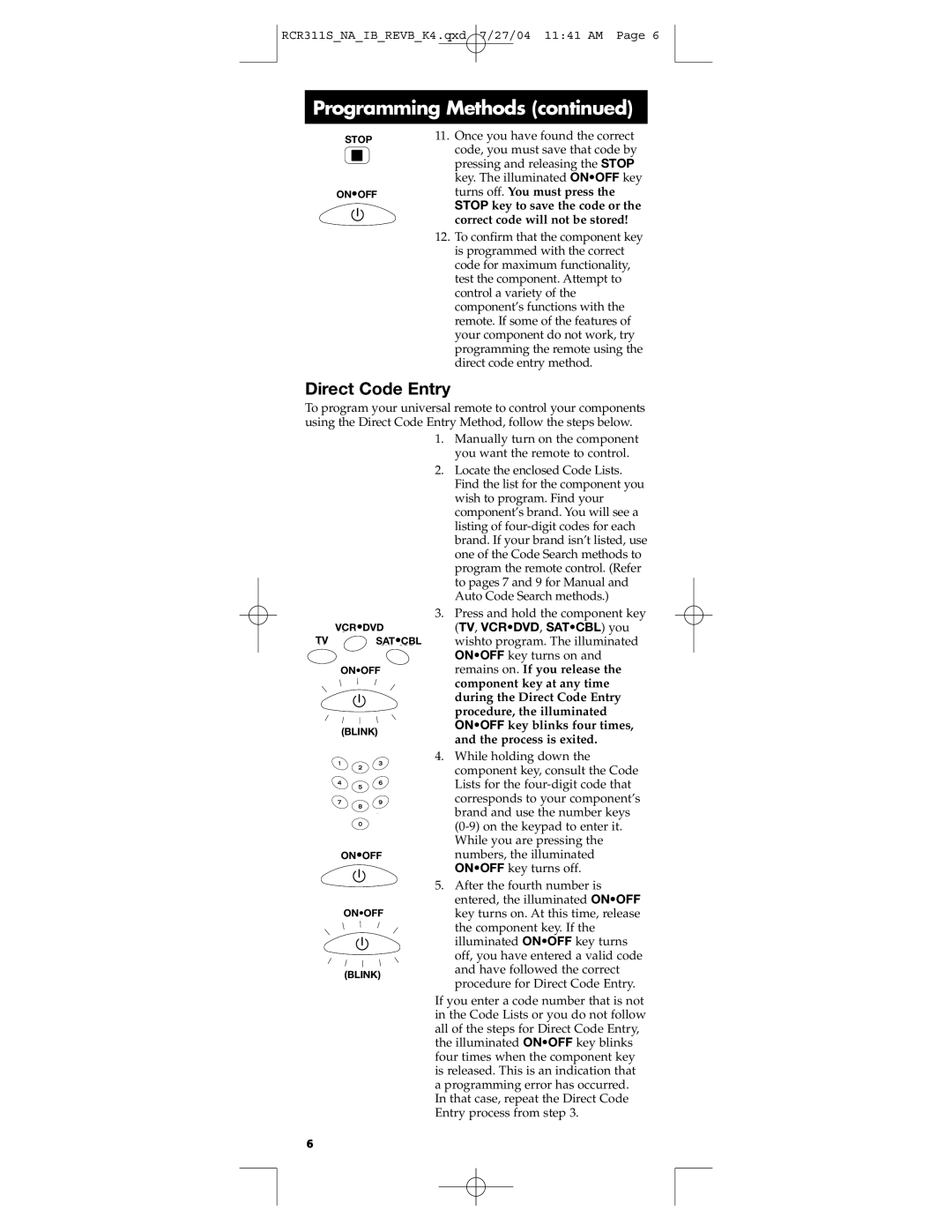 RCA RCR311S manual Direct Code Entry 