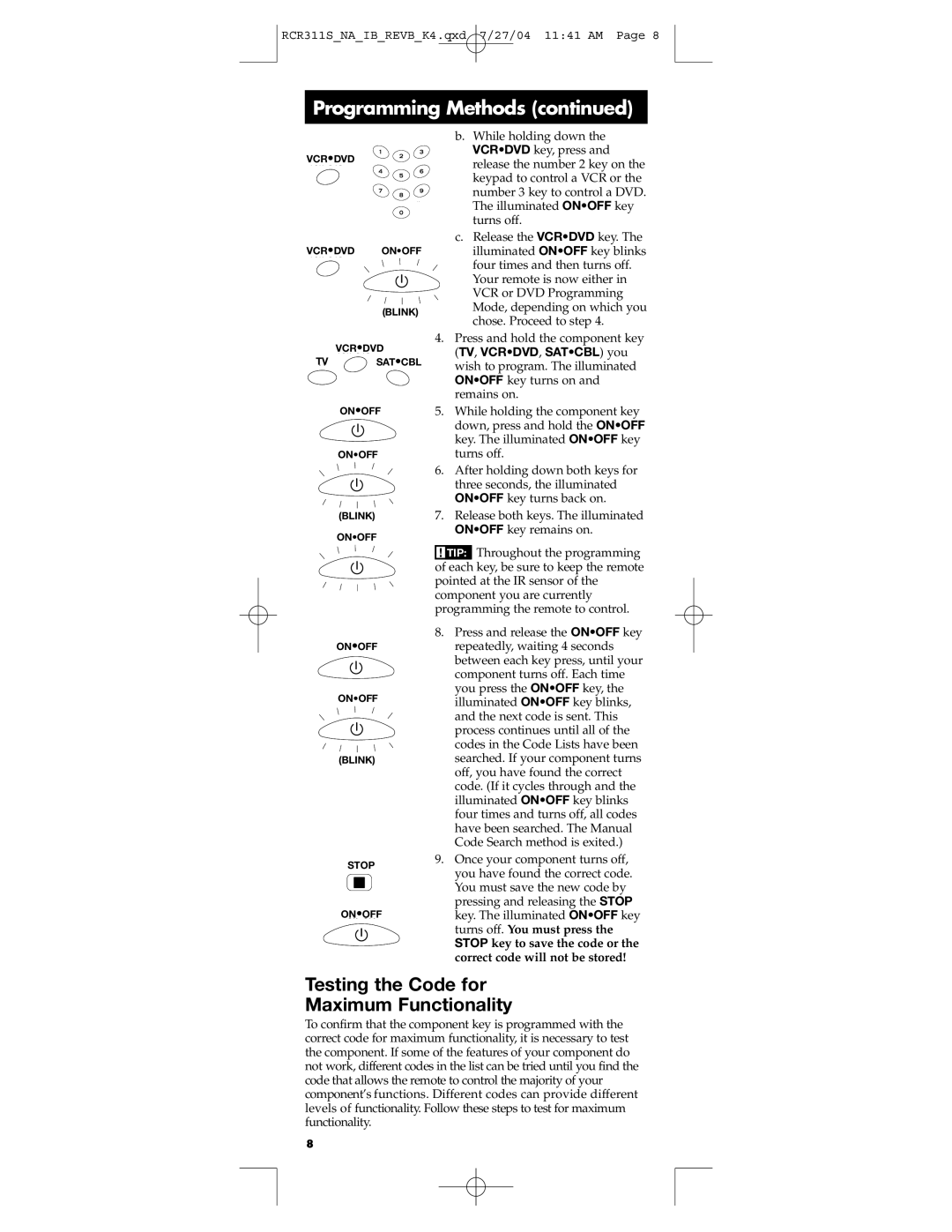 RCA RCR311S manual Testing the Code for Maximum Functionality 