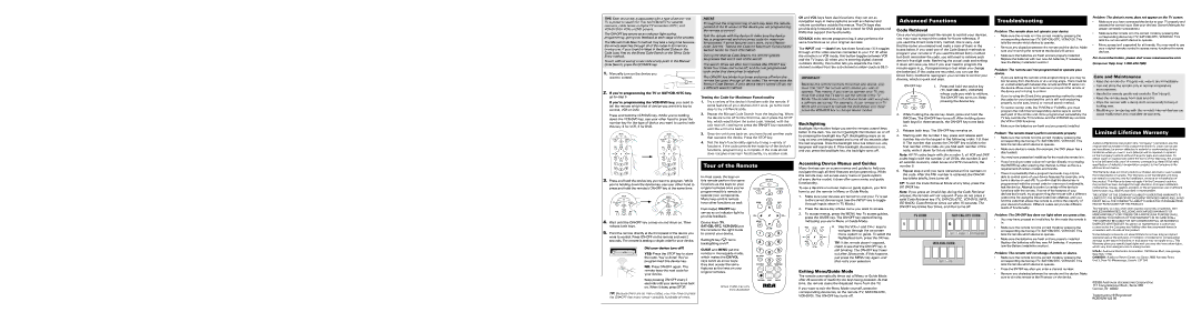 RCA RCR311STN, RCR311SN, RCR311BN Advanced Functions, Troubleshooting, Limited Lifetime Warranty, Tour of the Remote 