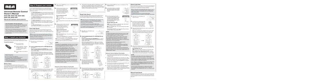 RCA RCR312WR, RCR311SR, RCR311STR, RCR311BR, RCR311BIR warranty Install your batteries, Program your remote 