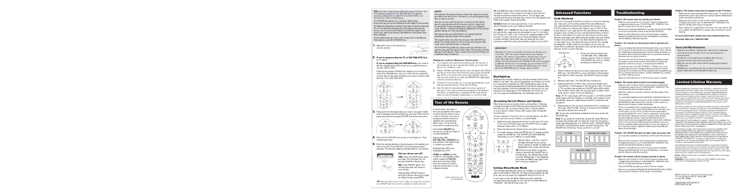 RCA RCR311STR Advanced Functions, Troubleshooting, Limited Lifetime Warranty, Tour of the Remote, Care and Maintenance 