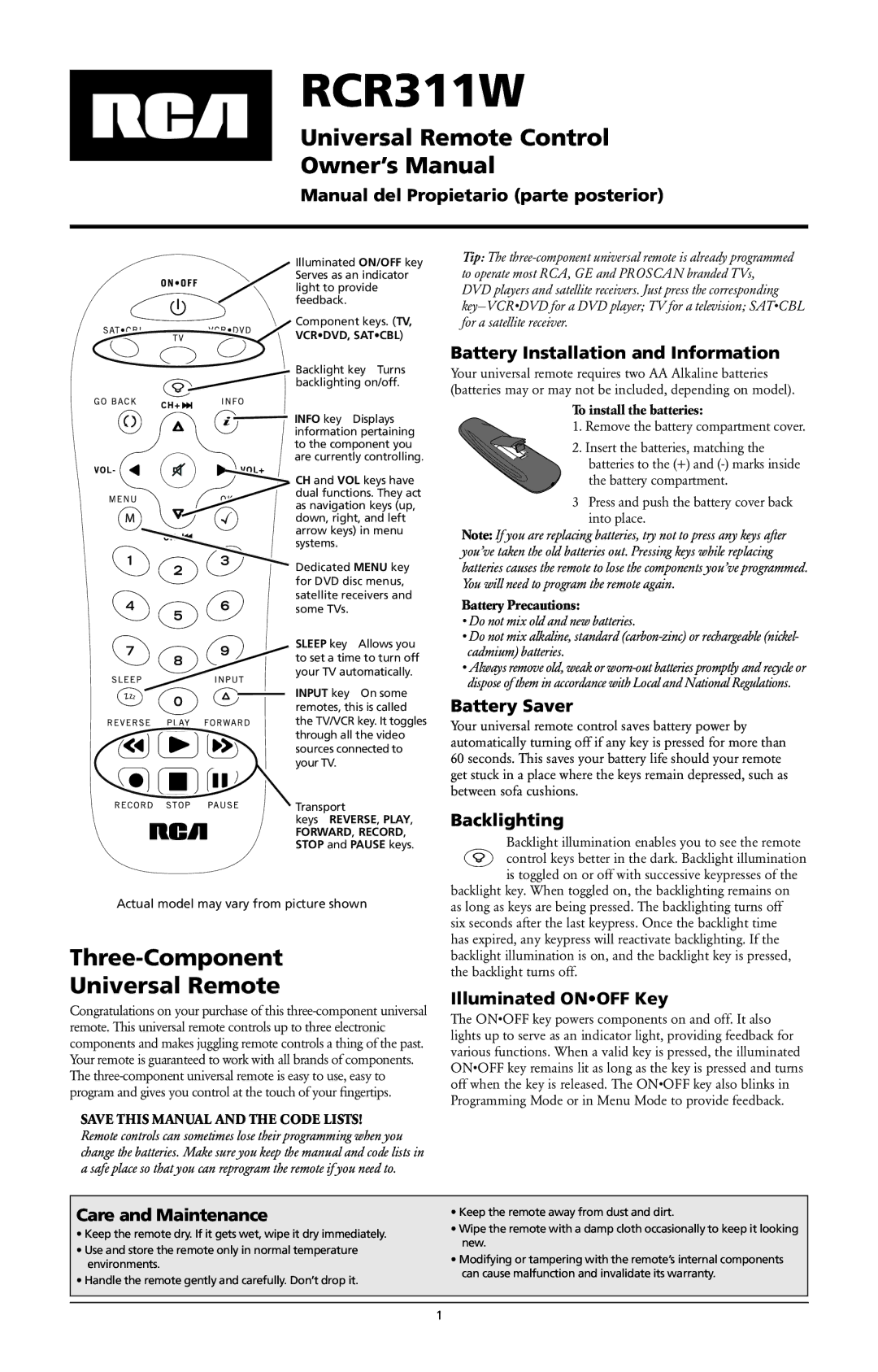 RCA RCR311W owner manual Three-Component Universal Remote 