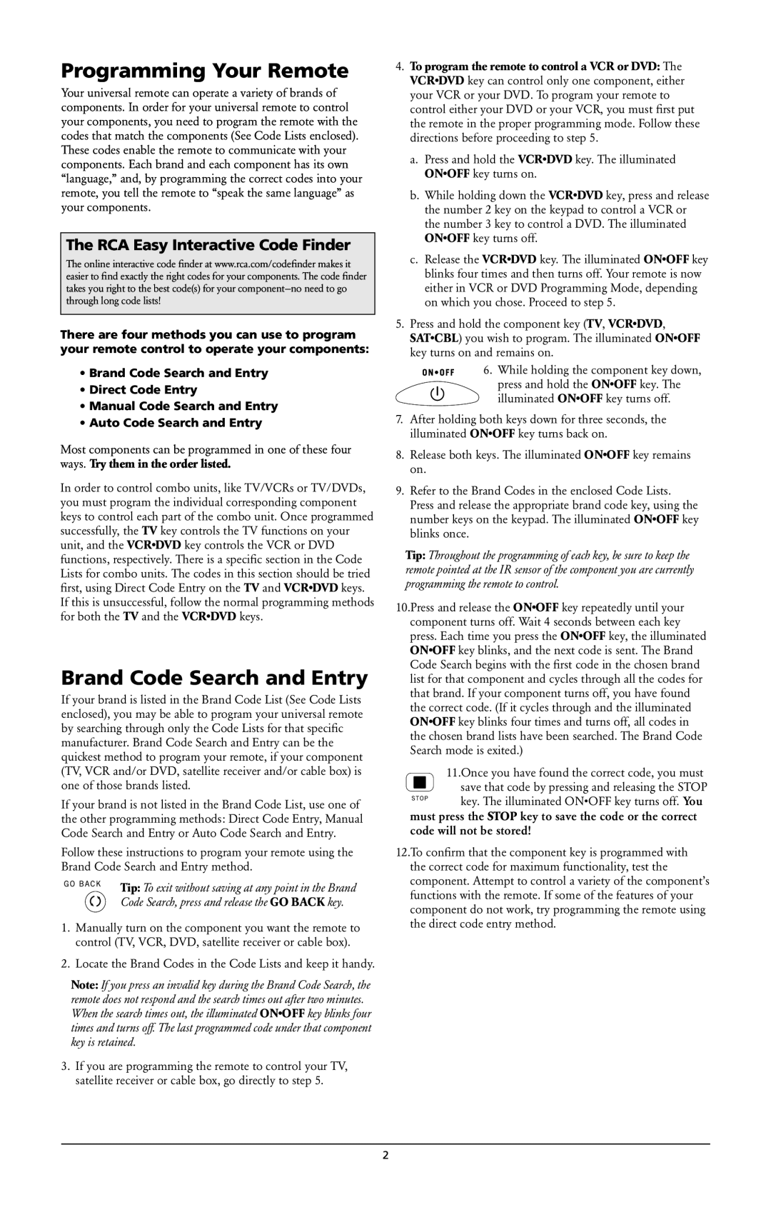 RCA RCR311W owner manual Programming Your Remote, Brand Code Search and Entry, RCA Easy Interactive Code Finder 