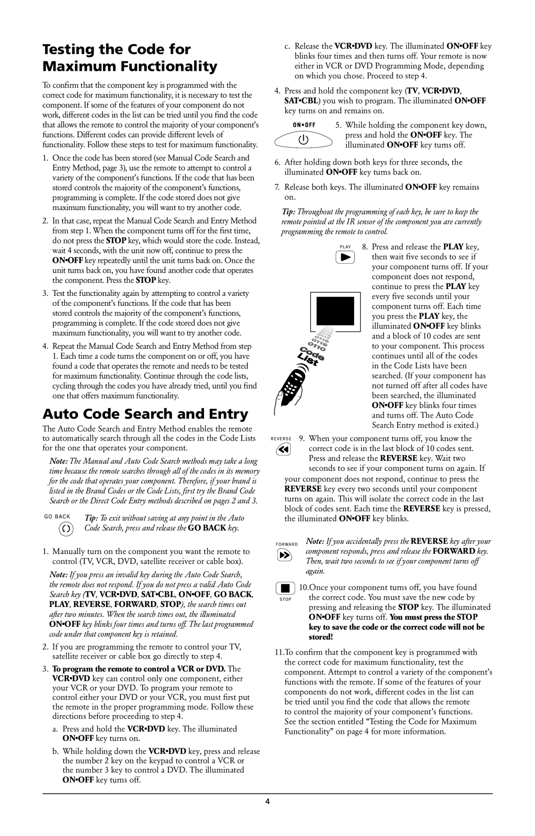 RCA RCR311W owner manual Testing the Code for Maximum Functionality, Auto Code Search and Entry 