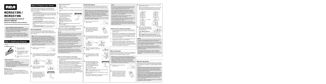 RCA RCR3373N owner manual Manual del Propietario parte posterior, Battery Saver, Auto Code Search, Brand Code Search 