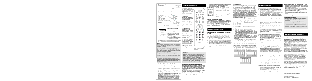 RCA RCR3273N Code Retrieval, Exiting Menu/Guide Mode, Reassigning the Dvdvcr Key to Control a VCR, Care and Maintenance 