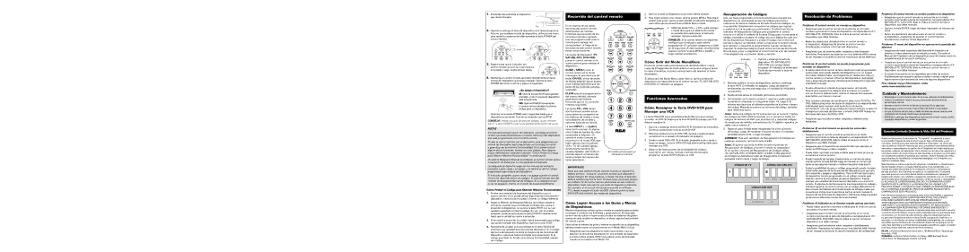 RCA RCR3273N Recuperación de Códigos, Cómo Salir del Modo Menú/Guía, Cómo Reasignar la Tecla Dvdvcr para Manejar una VCR 
