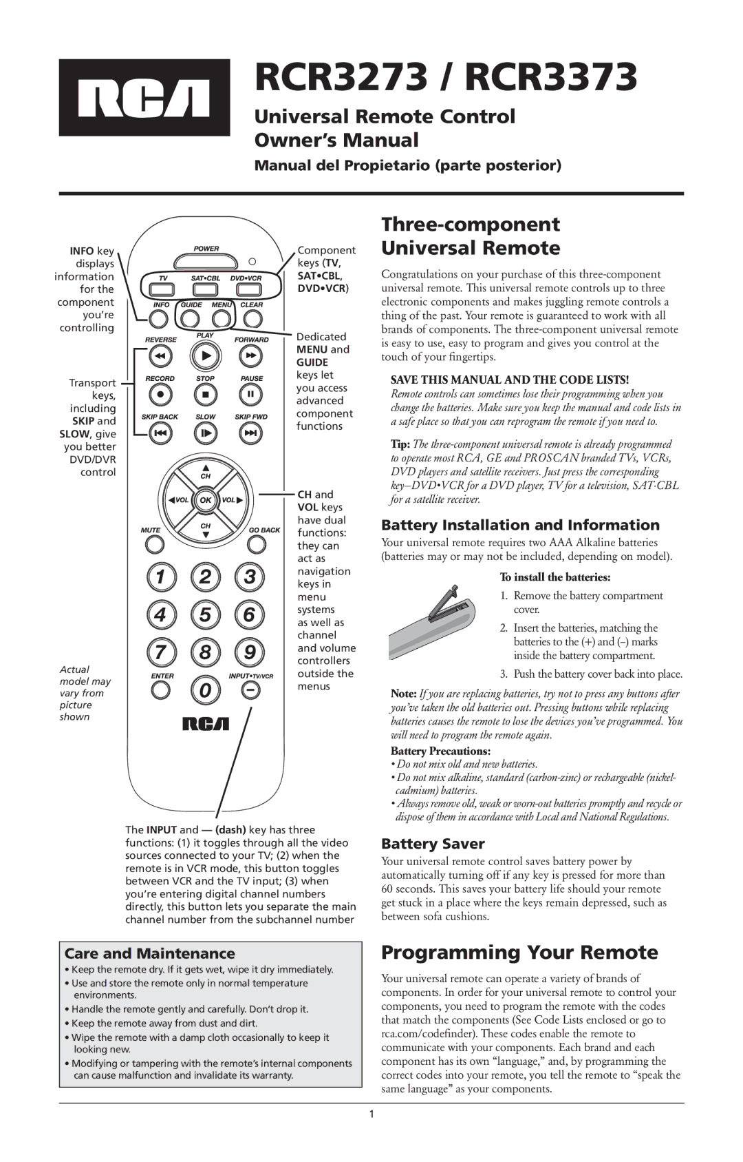 RCA RCR3373 owner manual Universal Remote Control, Three-component Universal Remote, Programming Your Remote 