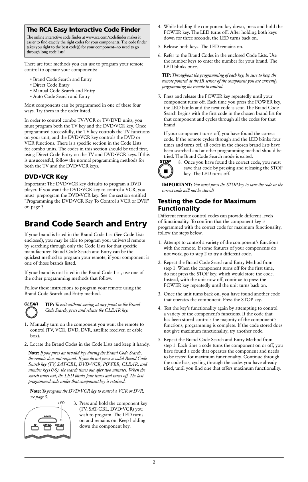 RCA RCR3373 owner manual Brand Code Search and Entry, RCA Easy Interactive Code Finder, Dvdvcr Key 