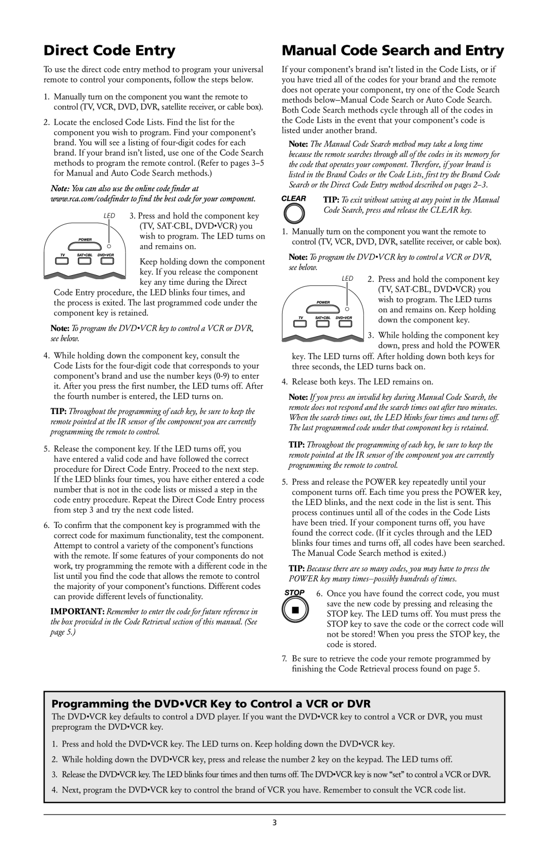 RCA RCR3373 Direct Code Entry, Manual Code Search and Entry, Programming the Dvdvcr Key to Control a VCR or DVR 