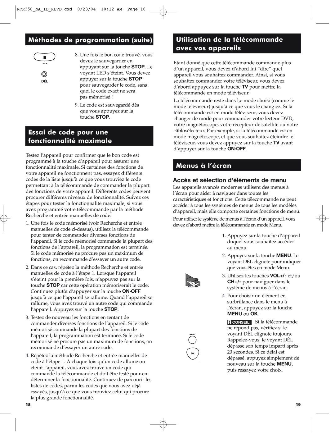 RCA RCR350 manual Méthodes de programmation suite, Utilisation de la télécommande avec vos appareils, Menus à l’écran 