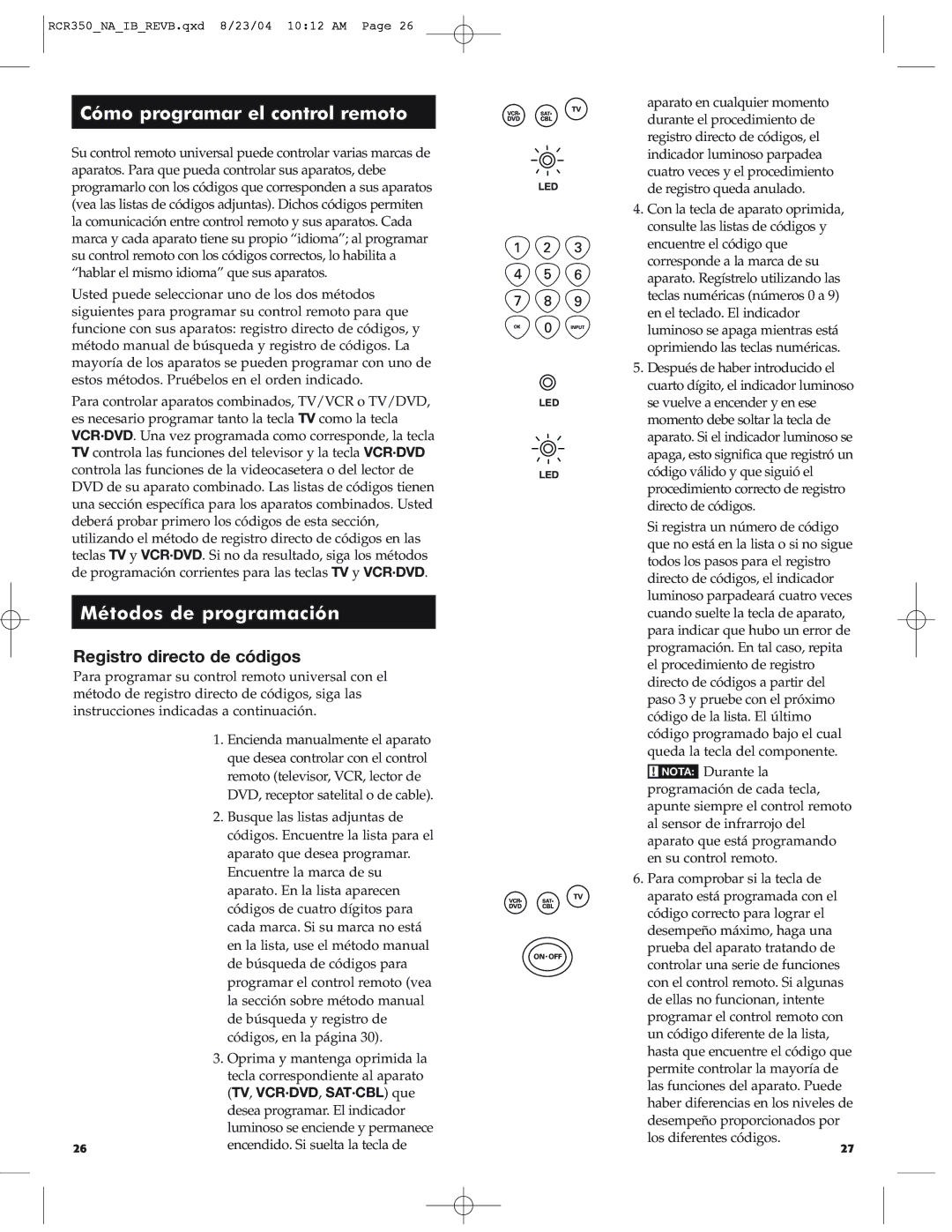 RCA RCR350 manual Cómo programar el control remoto, Métodos de programación, Registro directo de códigos 