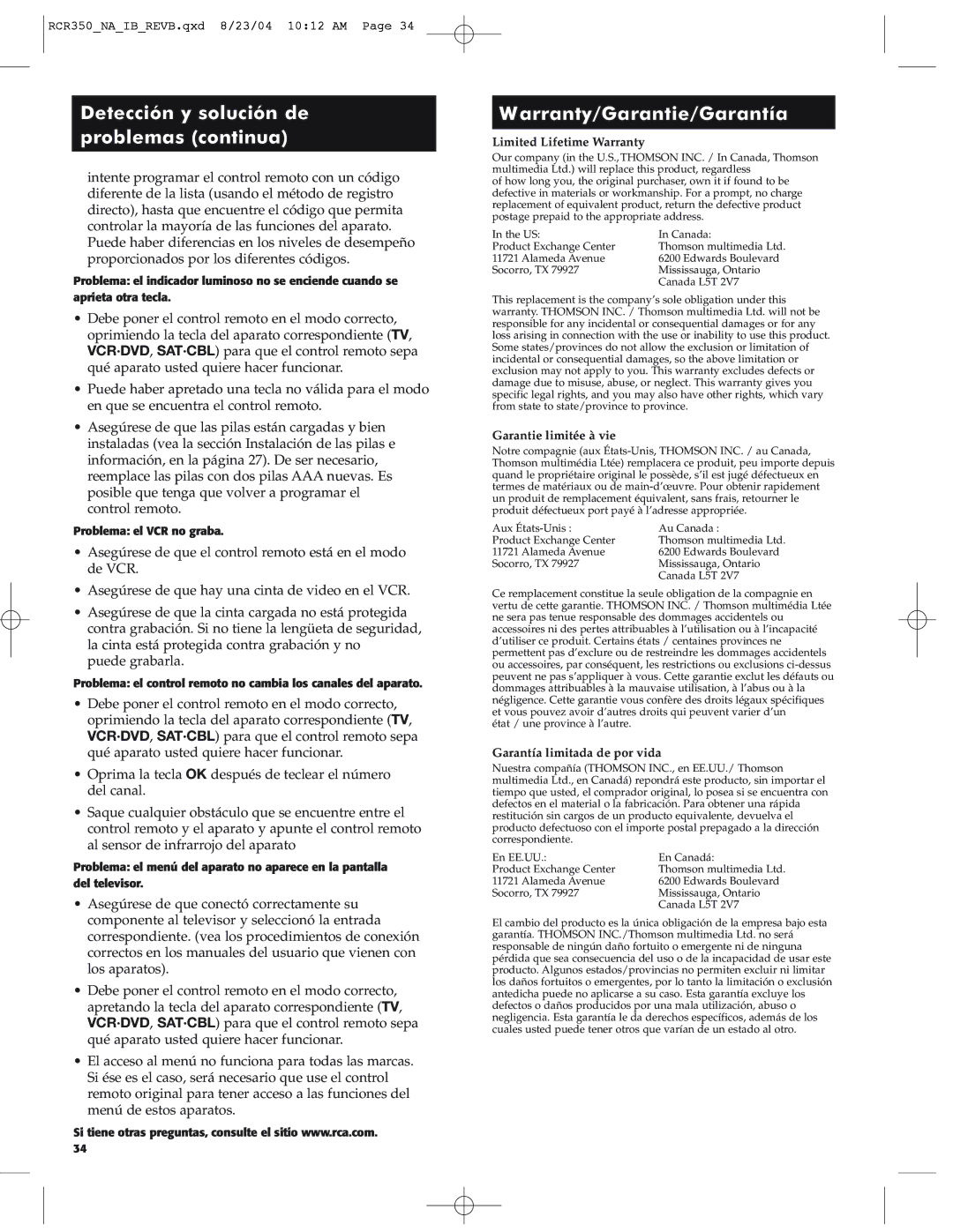 RCA RCR350 manual Detección y solución de problemas continua, Warranty/Garantie/Garantía 