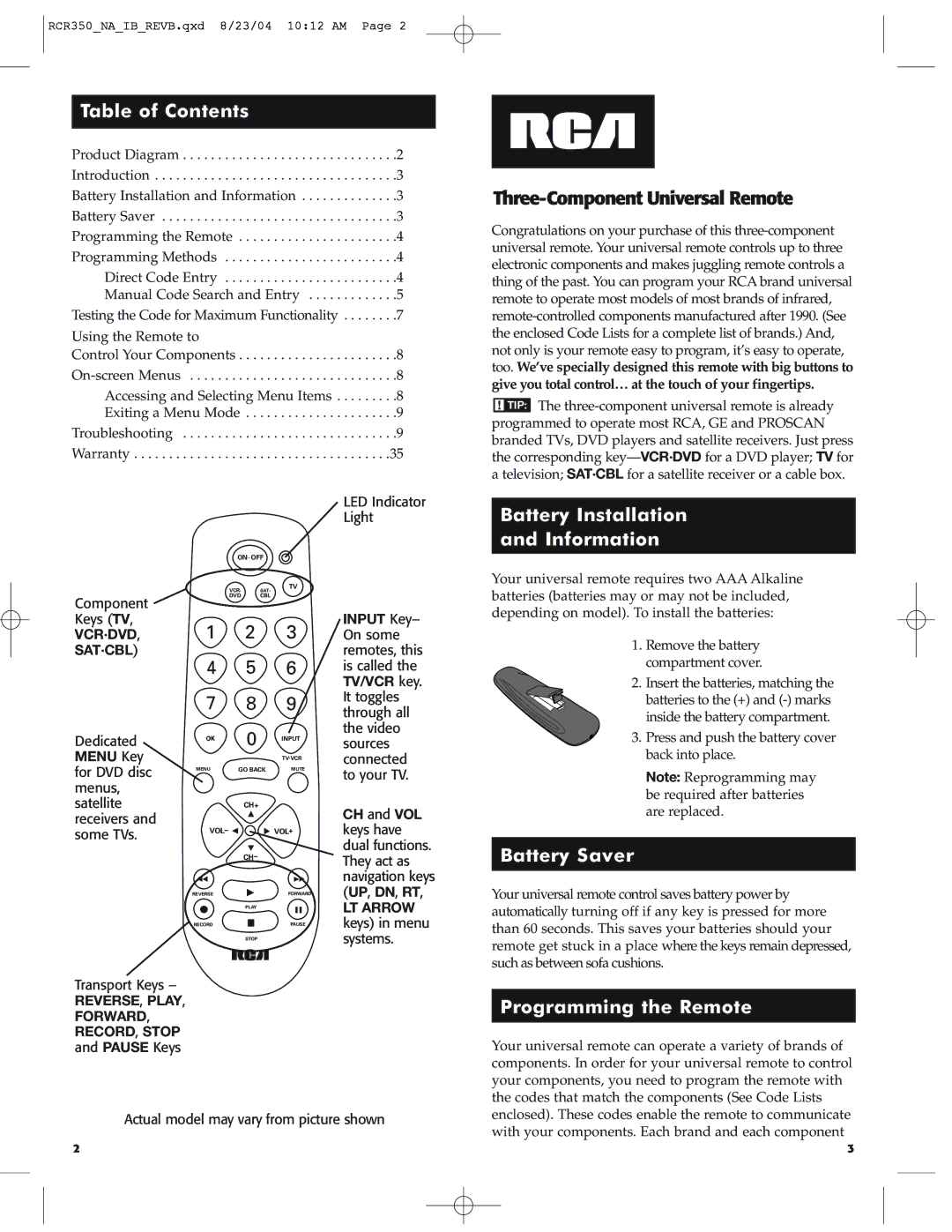 RCA RCR350 manual Table of Contents, Battery Installation Information, Battery Saver, Programming the Remote 