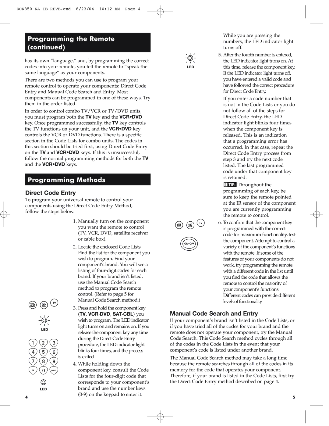 RCA RCR350 manual Programming Methods, Direct Code Entry, Manual Code Search and Entry 