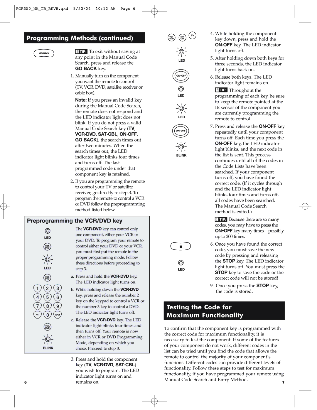 RCA RCR350 manual Testing the Code for Maximum Functionality, Preprogramming the VCR/DVD key, GO Back key 