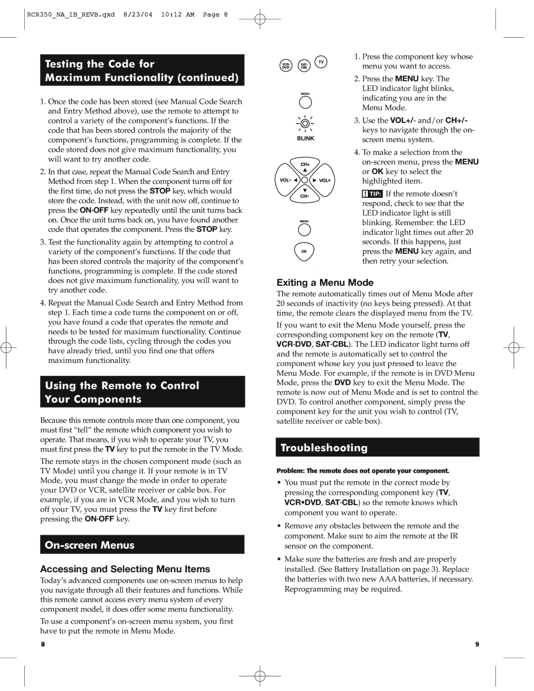 RCA RCR350 manual Using the Remote to Control Your Components, On-screen Menus, Troubleshooting, Exiting a Menu Mode 